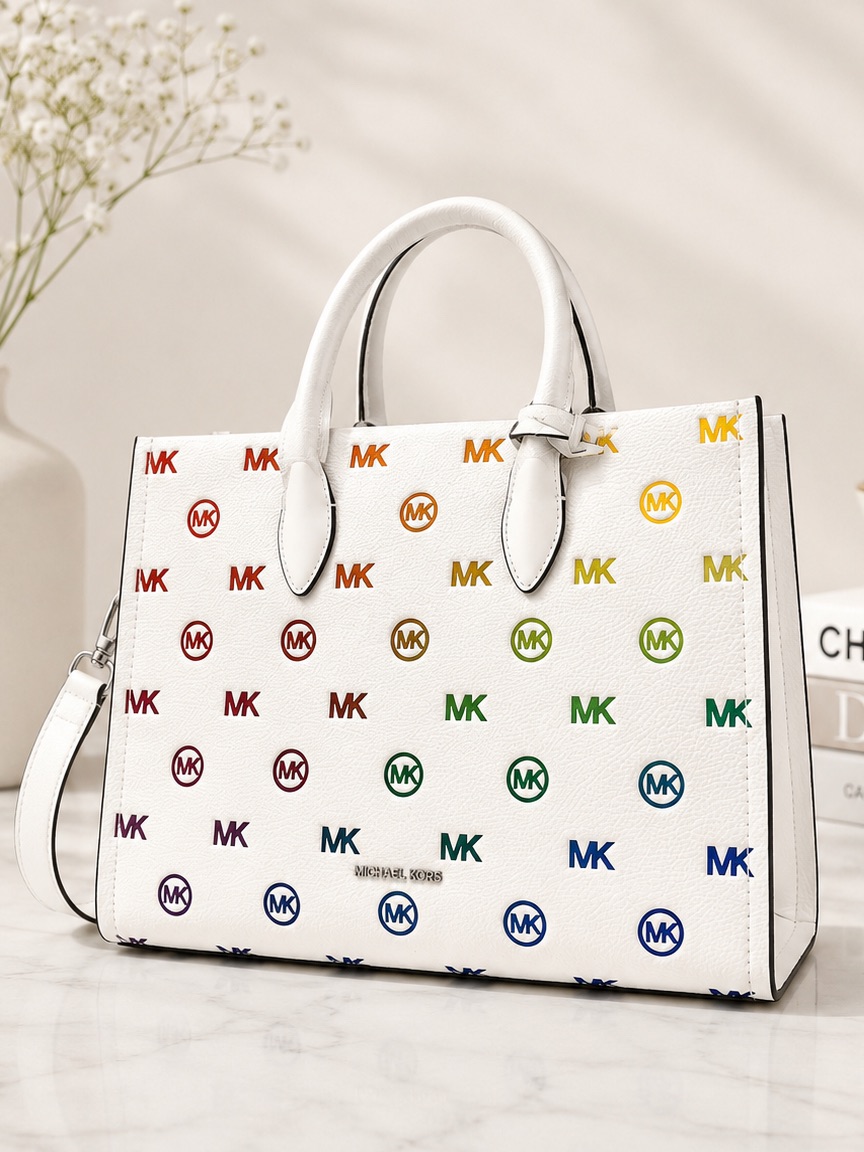 Michael Kors White Leather Tote With Multicolor Mk Logo Print